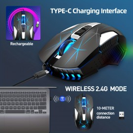 HXSI New 2.4GG Wireless Mouse Color Backlight 2400DPI Adjustable And Rechargeable USB Plug And Play Optical Mouse Suitable For Home Games, Office Computer Peripherals