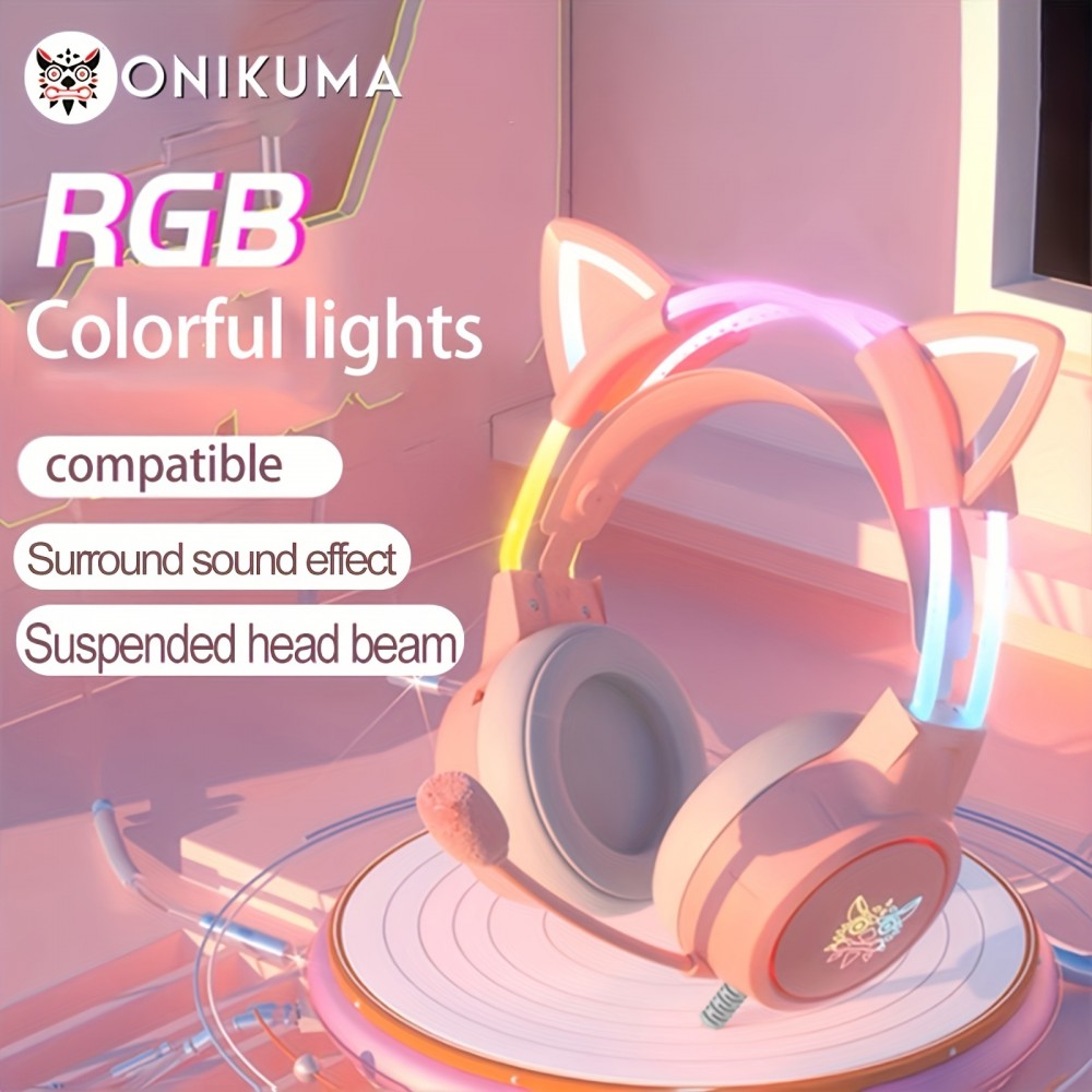 ONIKUMA X15pro,Wired Gaming Headset With Detachable Cat Ears, RGB, Removable Mic,Compatible With PC Mobile,Over-Ear Luminous Wired  Gaming Headset