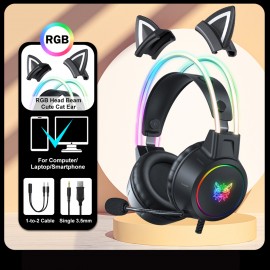ONIKUMA X15pro,Wired Gaming Headset With Detachable Cat Ears, RGB, Removable Mic,Compatible With PC Mobile,Over-Ear Luminous Wired  Gaming Headset