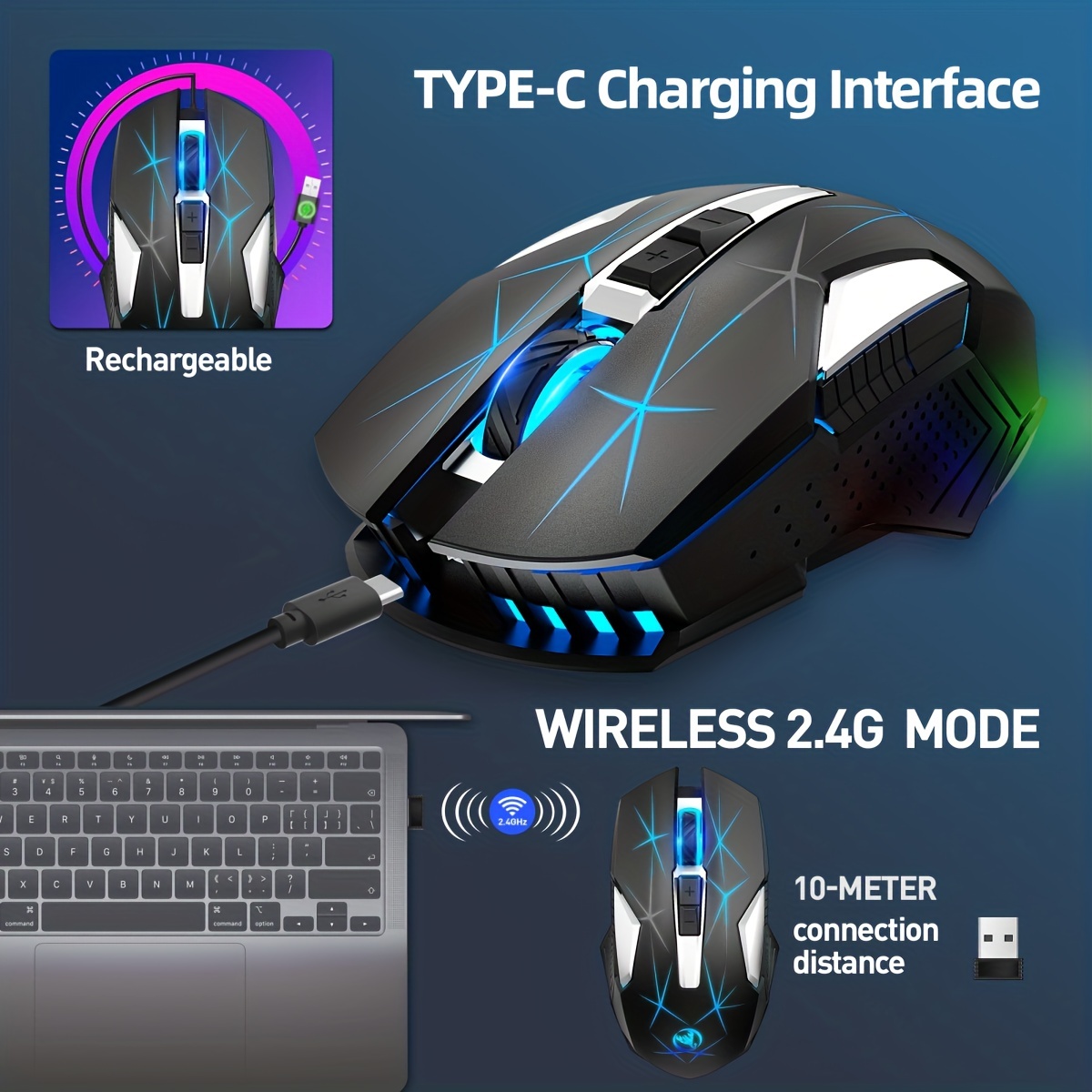 computer peripherals, hxsi new 2 4gg wireless mouse color backlight 2400dpi adjustable and rechargeable usb plug and play optical mouse suitable for home games office computer peripherals details 3
